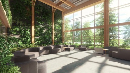 Modern Biophilic Design Office Interior with Living Wall and Sustainable Furniture - 3D Render Illustration.