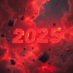 glowing 2025 a dark red sky