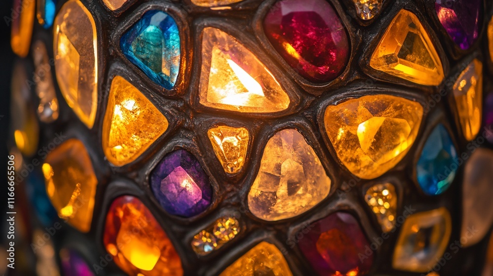 Poster close-up of a colorful, illuminated mosaic lampshade.