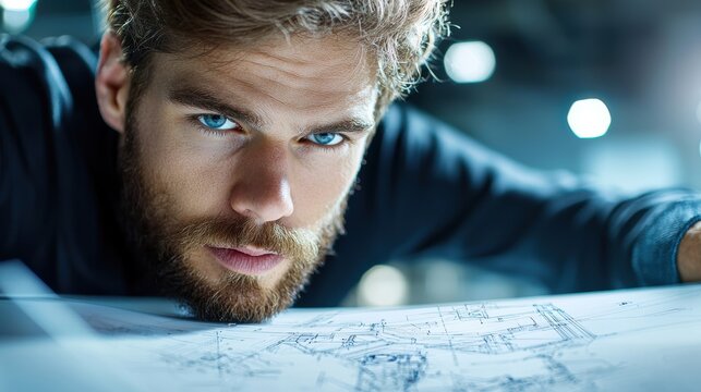 A mechanical engineer in a factory, examining the blueprints of a complex machine, with the machine partially assembled in the background, highlighting the importance of design and planning