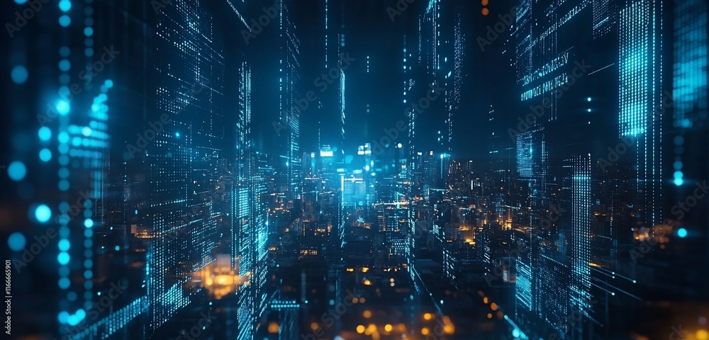 Poster futuristic city skyline with digital data streams and glowing lights.
