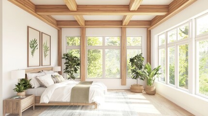 Fototapeta premium Tranquil Biophilic-Inspired Bedroom with Natural Light, Wooden Beams, and Plants | 3D Render Illustration