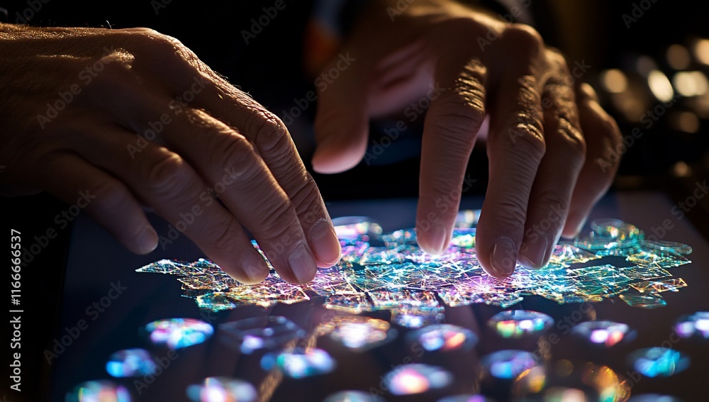 Poster close-up of hands interacting with a holographic interface, showcasing technological innovation and 