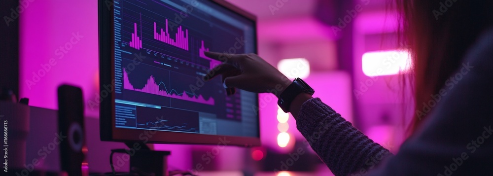 Poster Woman analyzing data graphs on a computer screen.