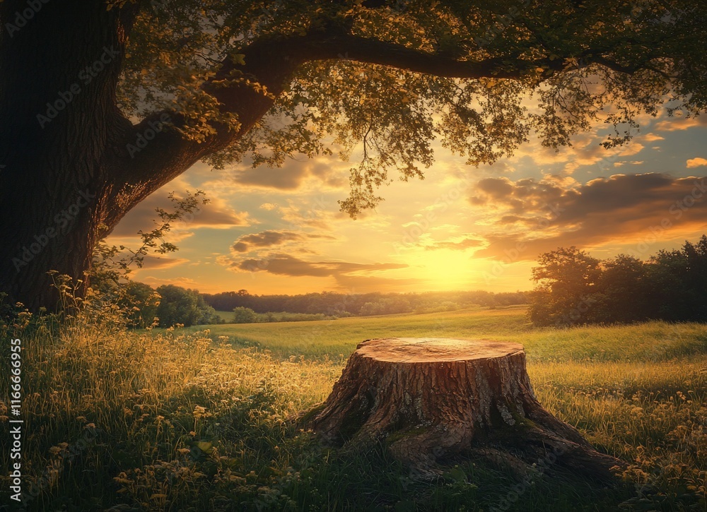 Poster sunset view of tree stump in a field, idyllic summer evening scene.