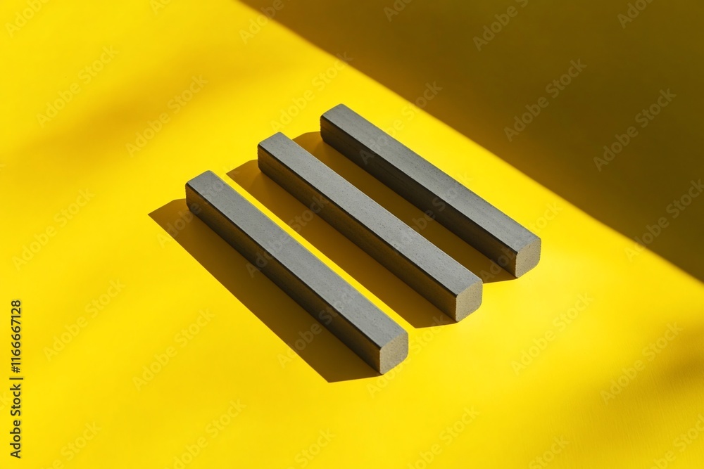Aufkleber three dark gray rectangular prisms arranged vertically against a bright yellow background, cast shad