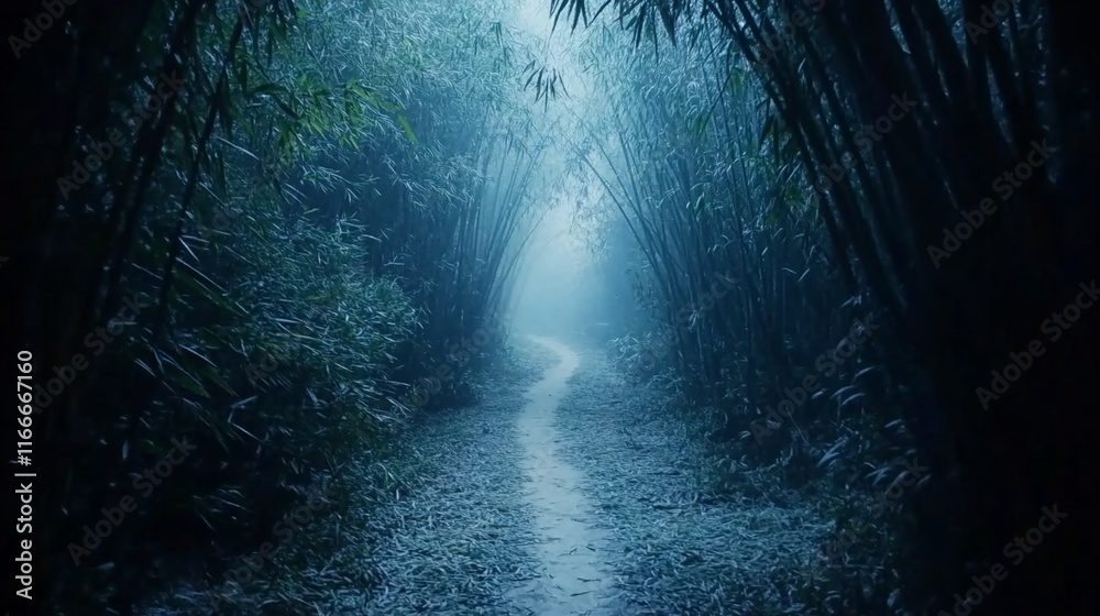 Poster Mysterious path through a misty bamboo forest at dawn.