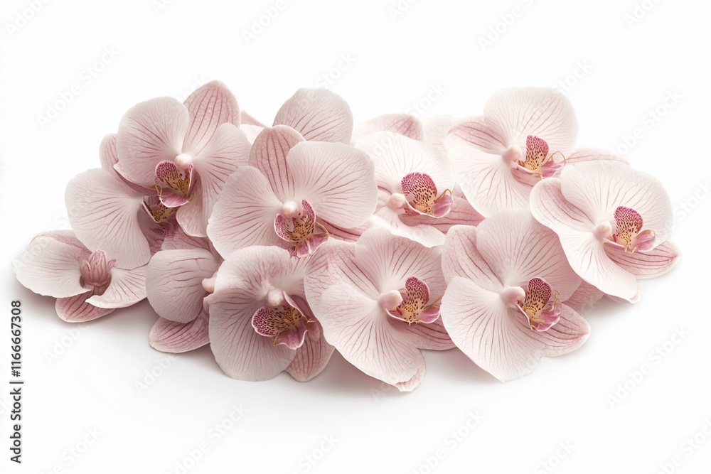 Poster close-up of a cluster of pale pink orchids on a white background.