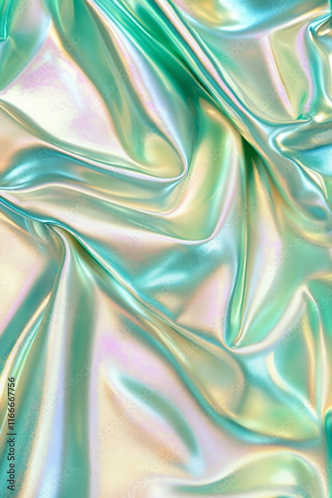 Poster iridescent teal silk fabric with soft folds and shimmery texture.