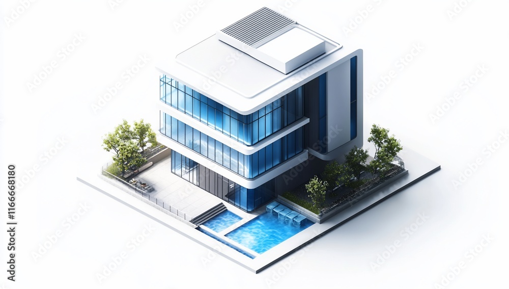 Aufkleber isometric view of a modern building with a pool and landscaping.