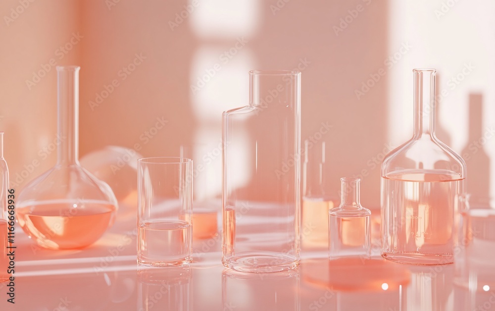 Aufkleber assorted clear glass beakers and flasks with a light orange liquid, illuminated by sunlight.