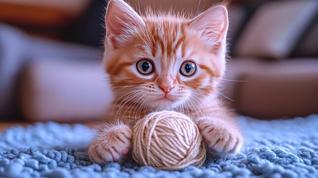 Playful kitten explores a ball of yarn in a cozy living room filled with warmth and charm