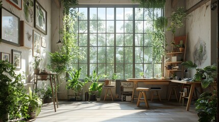 Obraz premium Tranquil Biophilic Design Art Studio Infused with Natural Light and Creativity | 3D Rendered Modern Oasis for Inspiration
