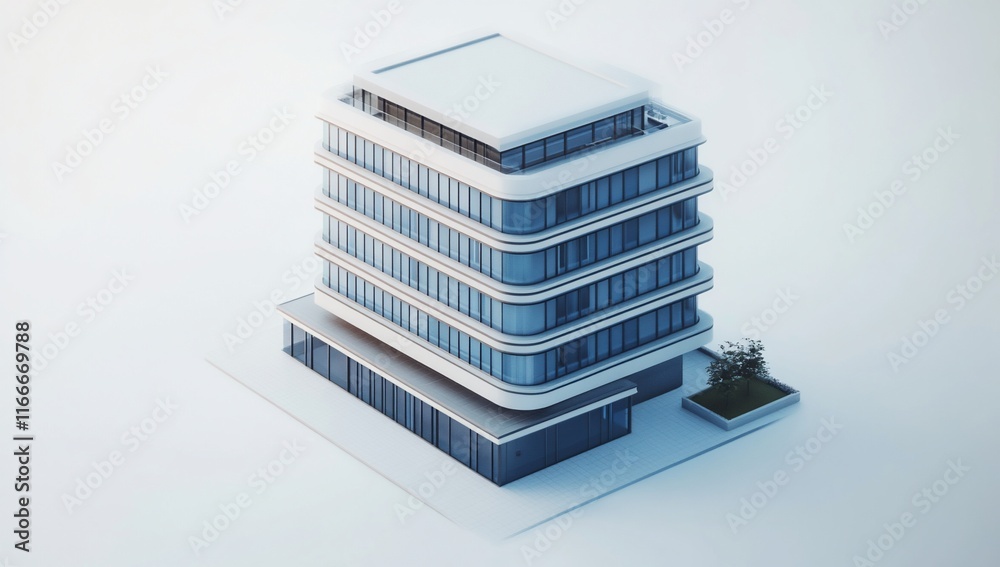 Aufkleber isometric view of a modern, multi-story building with a flat roof, large windows, and a small tree i
