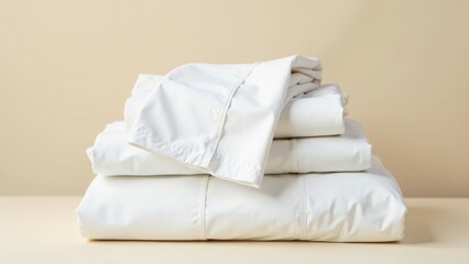 A neatly stacked arrangement of crisp, white bedding, showcasing luxurious fabric and impeccable tailoring, promising a restful and comfortable sleep experience.