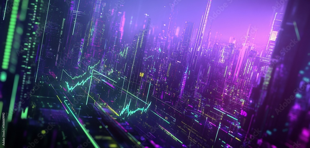 Poster Futuristic city skyline with vibrant neon lights and data streams.