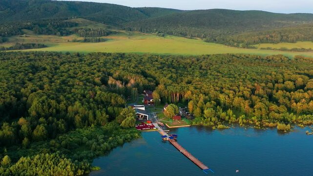 Southern Urals, Bashkortostan, the Sapsan rest house on the shore of the Nugush reservoir. Aerial view.