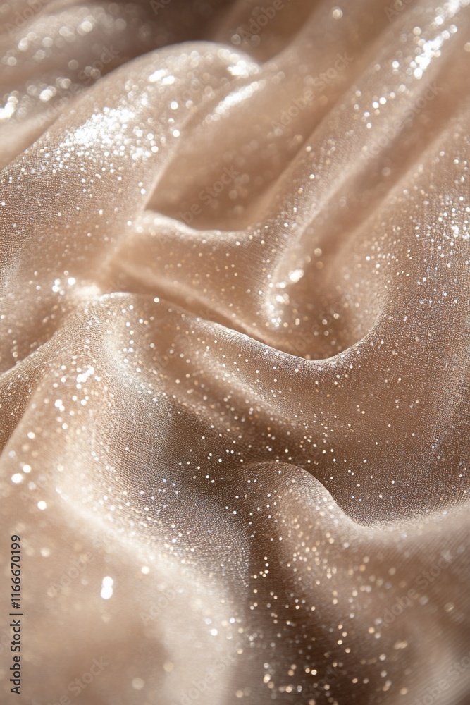 Poster close-up of shimmering beige fabric with subtle glitter, showing texture and folds.
