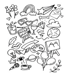 Doodle cute line elements, Black hand drawn vector elements, Simple sketch line style emphasis, attention, kite, cloud, rocket, rainbow, star
