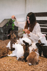 Young woman in white dress sits in rabbit pen on sawdust and feeds flock of various rabbits with carrots and grass. Eco tourism to village farm with domestic animals. Rabbits stand on their hind legs.