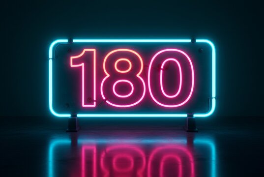 180 neon sign glowing in pink and blue with a dark background