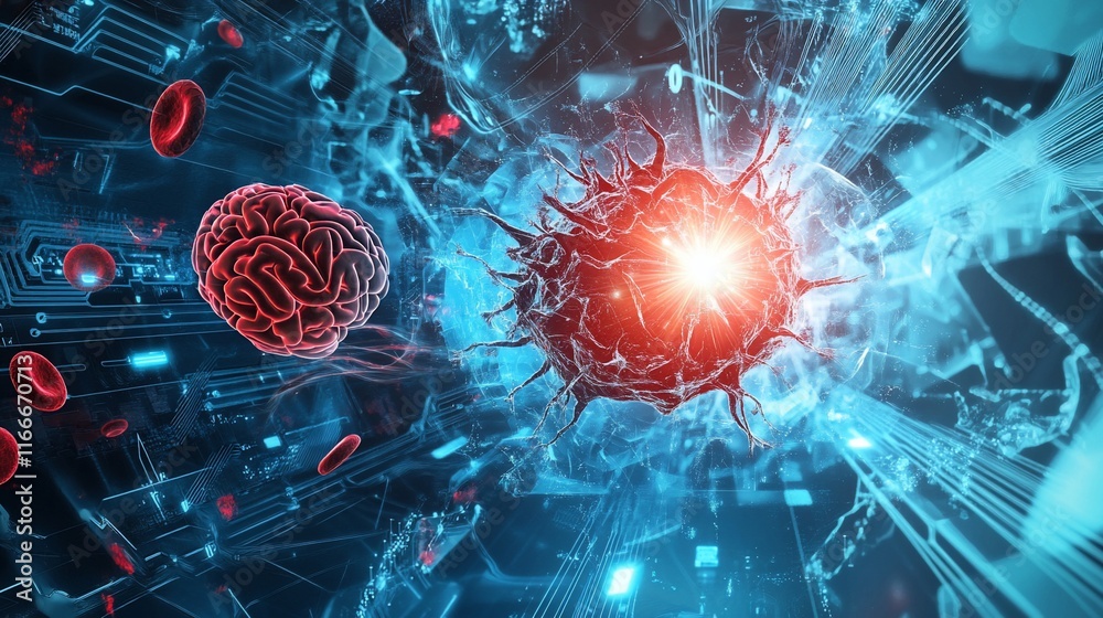 Poster 3D render of a brain cell attacked by a virus within a technological network.