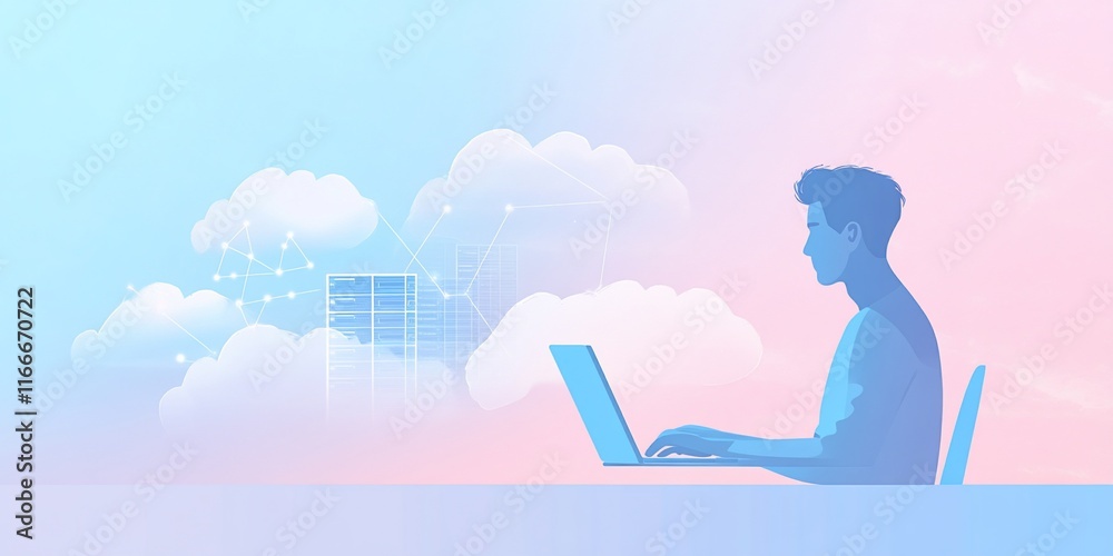 Poster Person working on laptop with cloud computing background.
