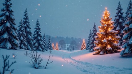 A Festive Winter Wonderland Path Leading to Illuminated Evergreens in a Snow Covered Forest