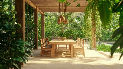 Tranquil Biophilic Design Outdoor Dining Area with Natural Wood Furniture for Family Gatherings - 3D Render Illustration