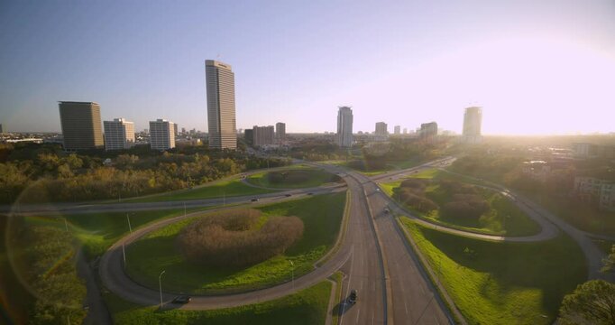 Drone view of Allen Parkway and Buffalo Bayou park on a sunny day in Houston, Texas 