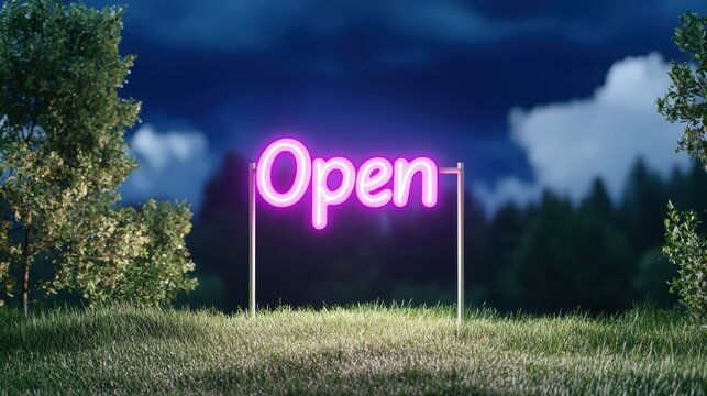A neon sign with the word "Open" in bright purple, glowing against a dark night sky, attracting attention and signifying a welcoming atmosphere.