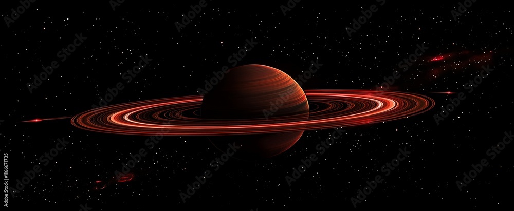 Poster red planet with rings in dark space. (1)