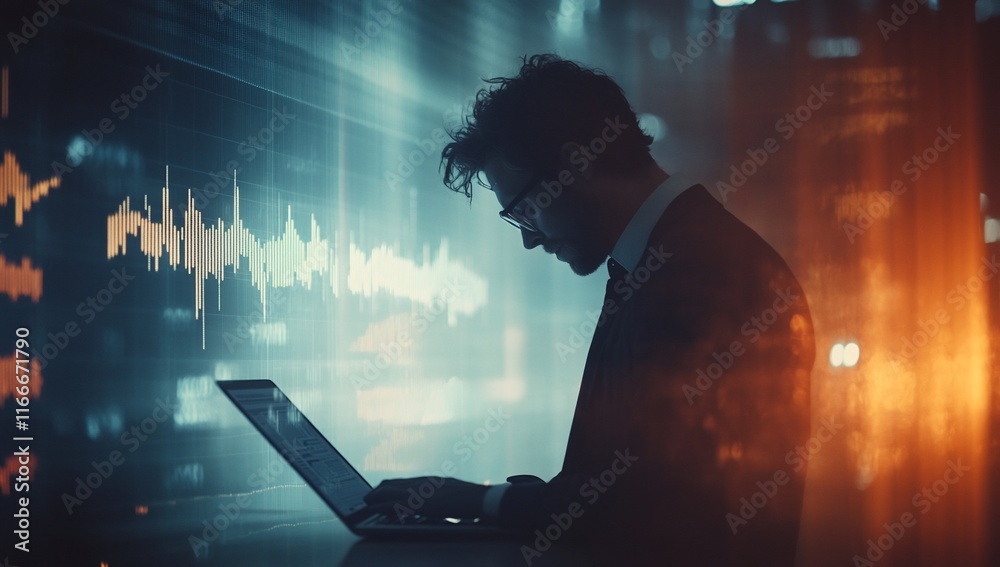 Poster Silhouette of a businessman working on a laptop with financial data displayed on a screen behind him.