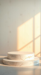 two-tiered circular marble display platforms bathed soft sunlight