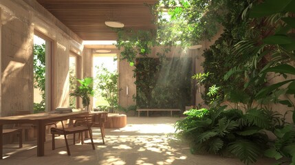 Obraz premium Biophilic Design in Modern Office Space with Vertical Garden, Natural Wood Furniture & Sunlight for Creativity and Productivity - 3D Render Illustration