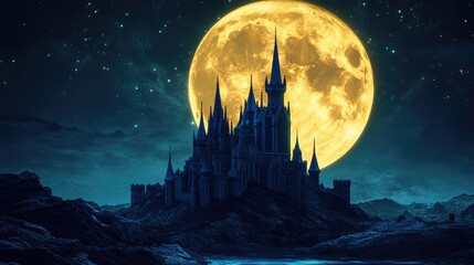 Naklejka premium Castle at Night with Full Moon