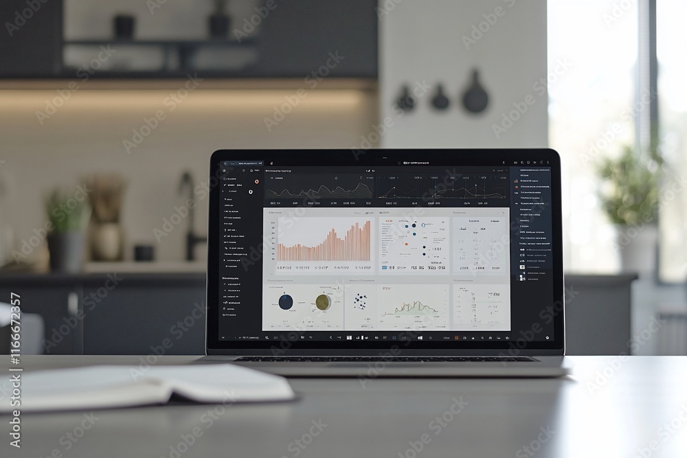 Aufkleber Laptop displaying data analytics charts and graphs on a kitchen counter.