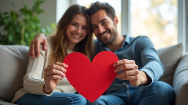 Romantic Two People Sitting Closely Together on a Couch, Holding a Red Heart Shaped Cutout in Front of Them.
