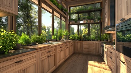 Modern Biophilic Design Kitchen with Bamboo Cabinetry and Herb Gardens, 3D Render Illustration