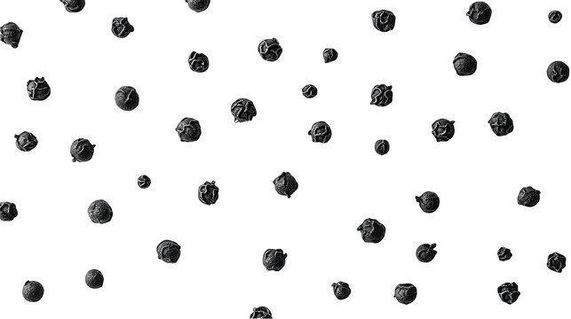 Scattered dark grey spheres on black background.