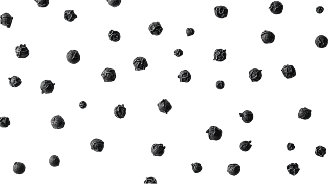 Scattered dark grey spheres on black background.
