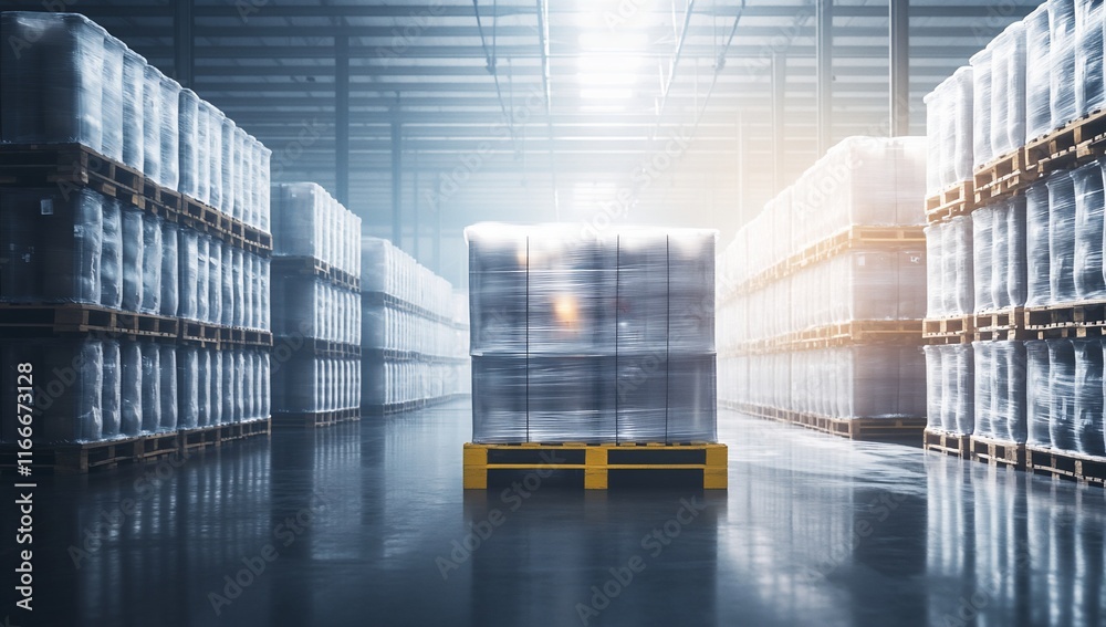 Poster a pallet of shrink-wrapped goods sits in a large warehouse aisle, surrounded by high stacks of simil