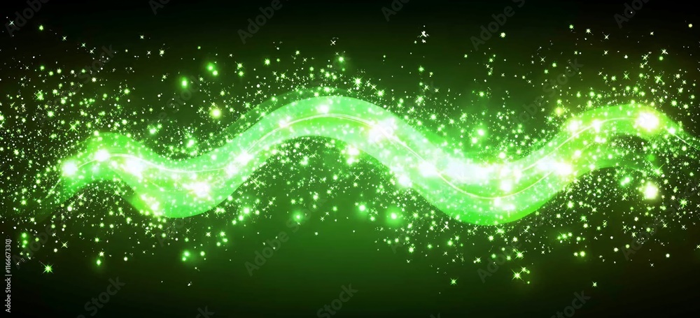 Poster Abstract green glowing wave with sparkling particles.