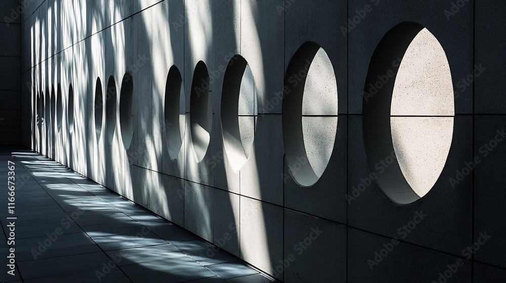 Poster sunlight casts shadows on a modern concrete wall with circular cutouts.