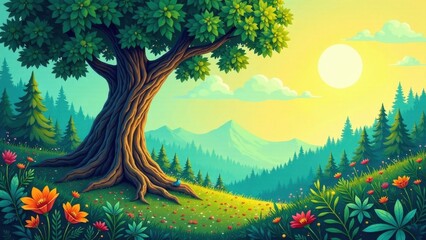 Fototapeta premium Serene Sunrise Landscape Featuring a Majestic Ancient Tree, Lush Meadow, and Distant Mountain Range