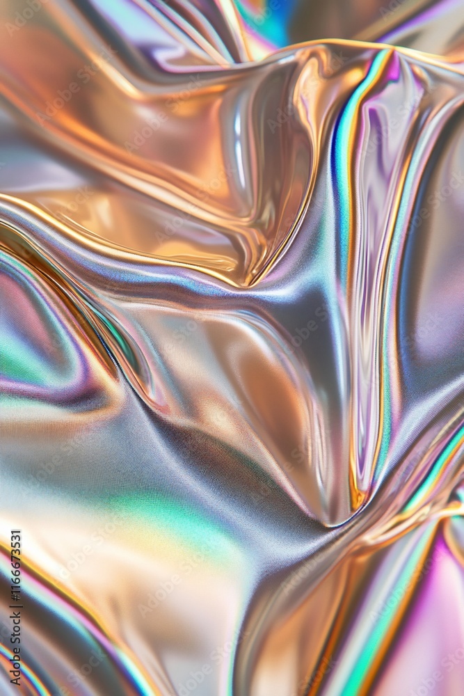 Poster Abstract iridescent metallic fabric texture with folds and waves.