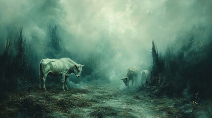 Fototapeta premium Ethereal landscape with horses in a misty, atmospheric environment.