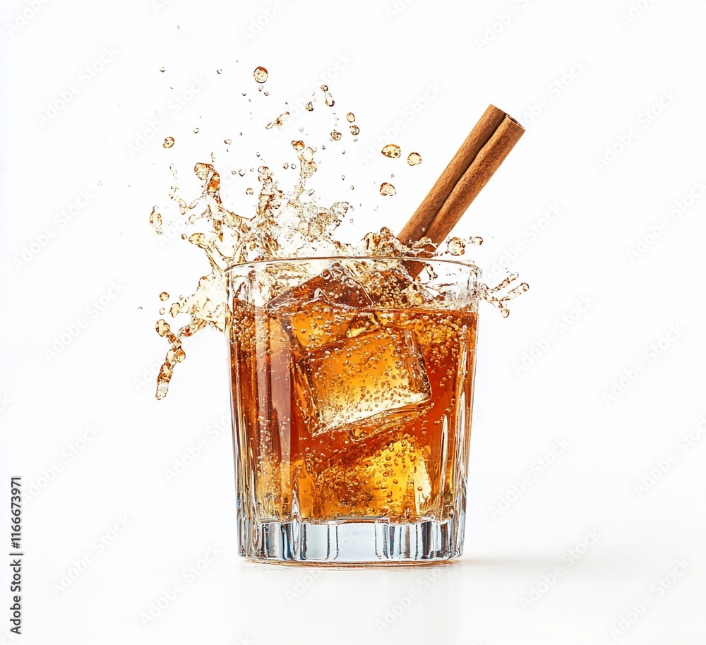 Poster iced cinnamon drink splashing in a rocks glass with ice cubes.