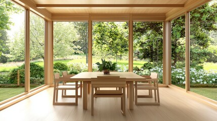 Obraz premium Serene Biophilic Design Dining Room with Natural Wood Furniture and Garden Views - 3D Render Illustration
