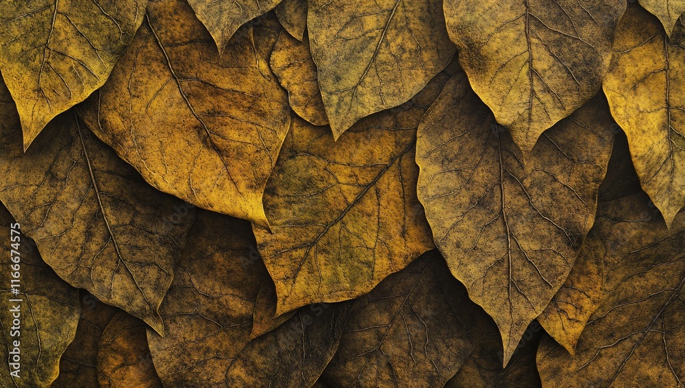 Aufkleber Close-up of overlapping dried leaves in autumnal gold and brown tones, creating a textured background.